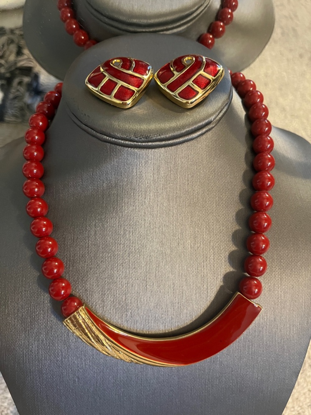 Vintage Trifari Red Beaded Enamel Necklace and Clip-On Earrings Set